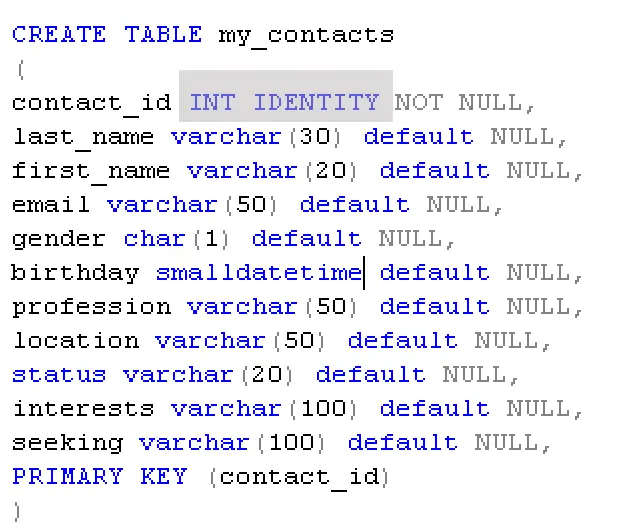 Microsoft SQL Server auto_increment comando IDENTITY