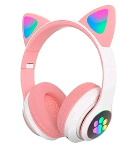 Fone de ouvido gatinho Cat ear Headphone bluetooth (Rosa/Branco)