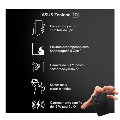 Smartphone Asus Zenfone 10, Snapdragon SM8550, 8GB, 256 GB, Android 13, Tela 5,92" Amoled, Midnight Black - AI2302-2A061BR