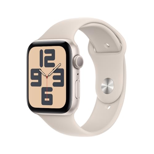 Apple Watch SE GPS • Caixa estelar de alumínio – 44 mm • Pulseira esportiva estelar – P/M