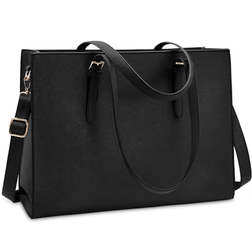 Bolsa feminina para laptop de 15,6 polegadas, de couro leve, impermeável, pasta de negócios para escritório, bolsa de ombro de grande capacidade, profissional, preta