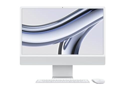 iMac. O computador desktop tudo em um da Apple com chip M3 (2023): CPU 8 núcleos, GPU 10 núcleos, tela Retina 4.5K 24 pol, 8 GB memória unificada, SSD 256 GB e acessórios na mesma cor. Prateado