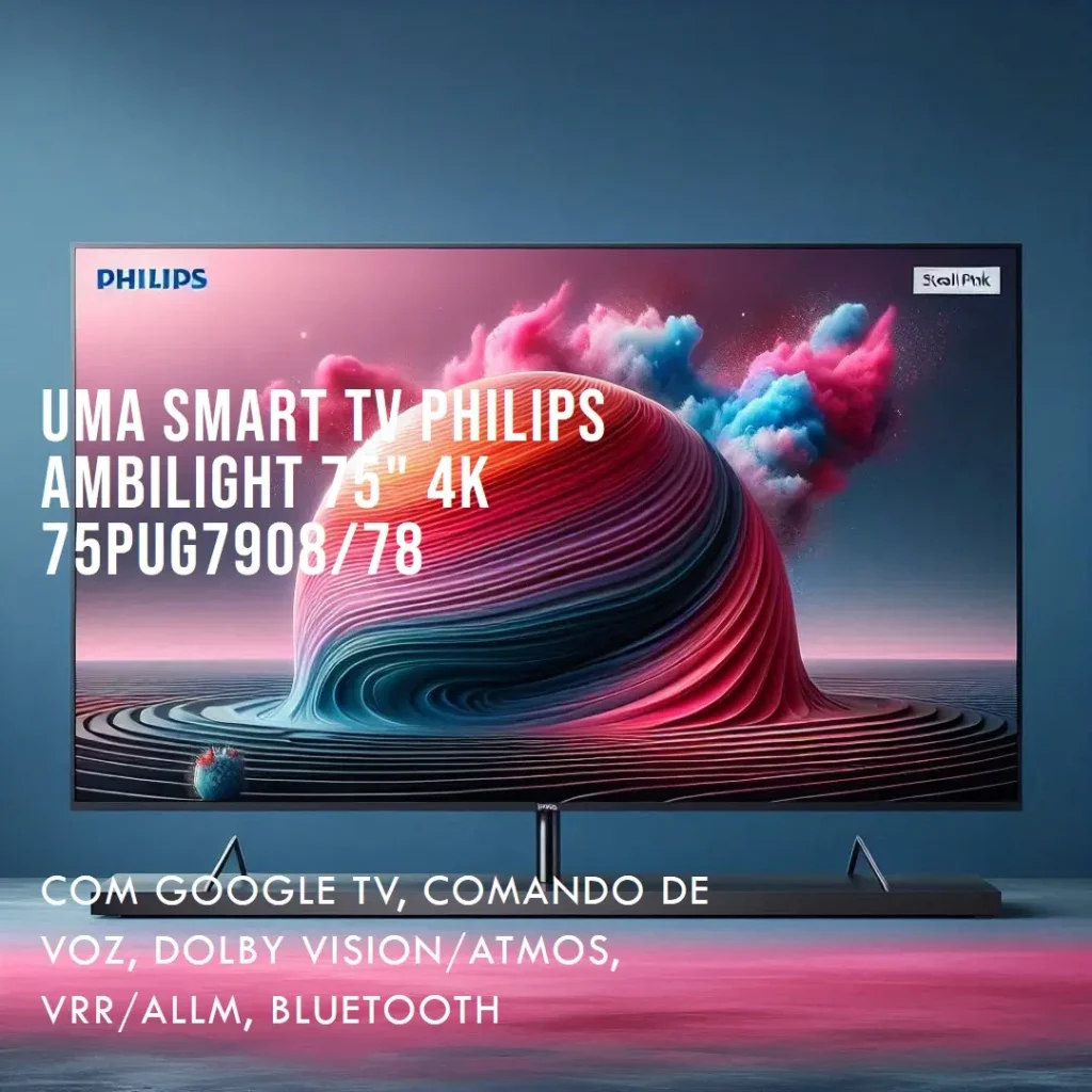 Smart TV Philips Ambilight 75" 4K 75PUG7908/78, Google TV, Comando de Voz, Dolby Vision/Atmos, VRR/ALLM, Bluetooth