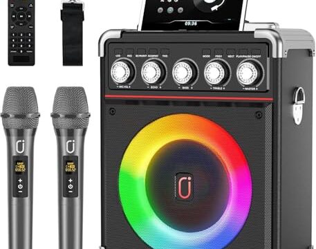 JYX Caixa de Som com 2 Microfones, Caixa de Som Bluetooth para Adultos e Crianças, Caixa de Som Karaoke com Ajuste de Graves/Agudos, Sistema de PA com Controle Remoto, Suporte para REC/USB/AUX/TF
