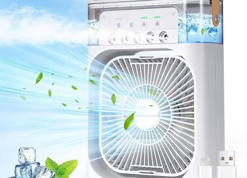 Ventilador de ar condicionado portátil, Mini Ar Condicionado Umidificador Climatizador com tanque de água de 600ml, 3 velocidades de vento e pulverizador de 5 furos com luz LED de 7 cores