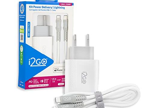 Kit Carregador de Parede Ultra Rápido com 1 Saída USB-C Power Delivery 20W + Cabo iPhone/Lightning + USB-C i2GO Certificado MFi 1,5m 3A Branco