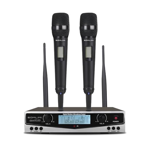 SOMLIMI original Sistema de Microfone Sem Fio Profissional 2 Canais Microfone Dinâmico Cantar Performance Palco Festa Família KTV Show Rap Karaoke DJ Wedding Church Lecture (9100-Black)