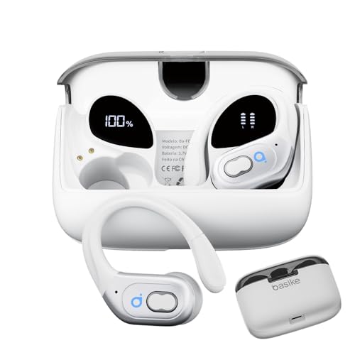 Basike Fone de Ouvido Sem Fio Esportivo BLuetooth 5.3 TWS,Tela LED Dupla, 3 Tamanhos Tampões Ouvido Intercambiáveis, Suporta chamadas de voz, adequadas para Android e IOS (Branco)