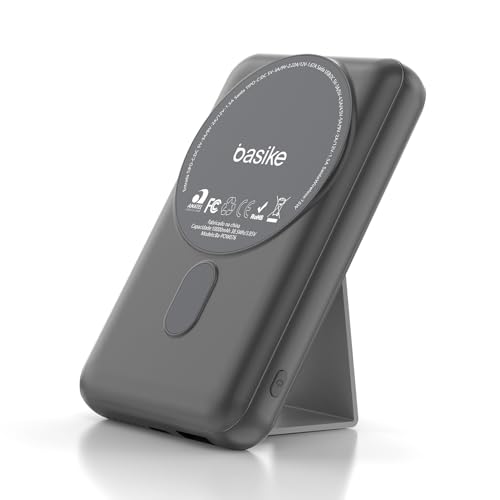 Basike Power Bank, 10000mAh Carregador Portátil Universal por Indução, 15W Carregamento Rápido, Suporte Dobrável，Compatível com MagSafe (Cinza)