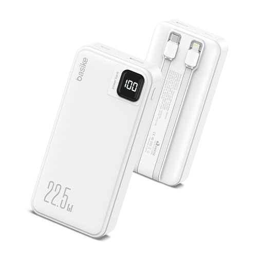 Basike Power Bank, Carregador Portátil Universal 20000mAh, USB-A(até 22.5W)+USB-C(até PD20W), com 2 Cabos Integrados (USB-C, Lightning) Carregamento Rápido, Led Indicador de Bateria (Branco)