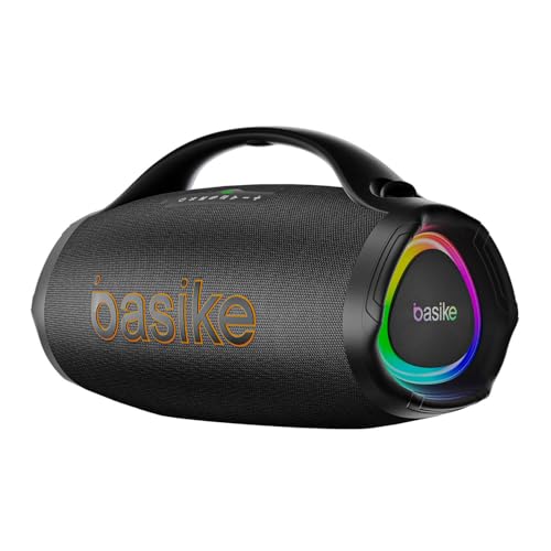 Caixa de Som Bluetooth 5.3 Basike, Caixa de Som Portáteis Bluetooth 300W RMS, Alto/Bass Potente, IPX6/TWS/EQ, USB/TF/AUX, Iluminação RGB Rítmica para Casa, Carregamento Rápido, Uso ao Ar Livre, Festa