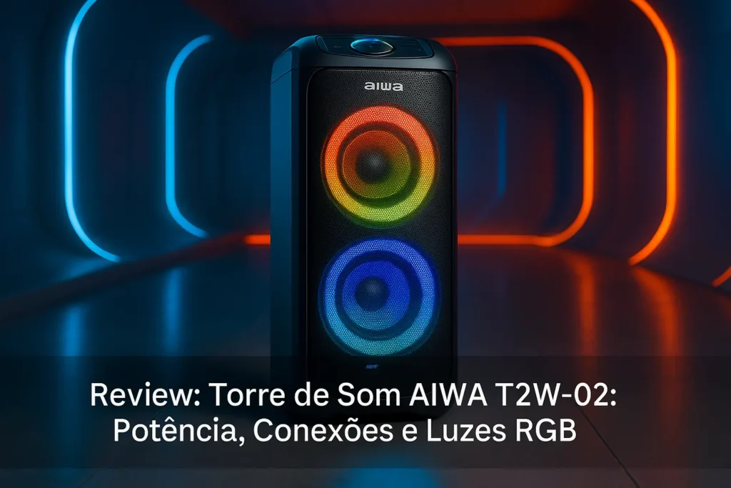 Torre de Som AIWA T2W-02: Potência, Conexões e Luzes RGB