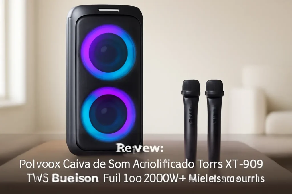 Polyvox Caixa de Som Amplificada Torre XT-990 TWS Bluetooth Full Led 2000W + Microfones sem fio