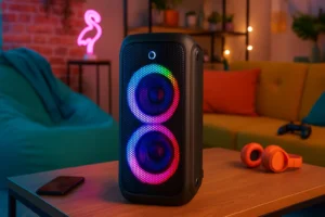 Caixa de Som Bluetooth 80W: som potente e luzes vibrantes