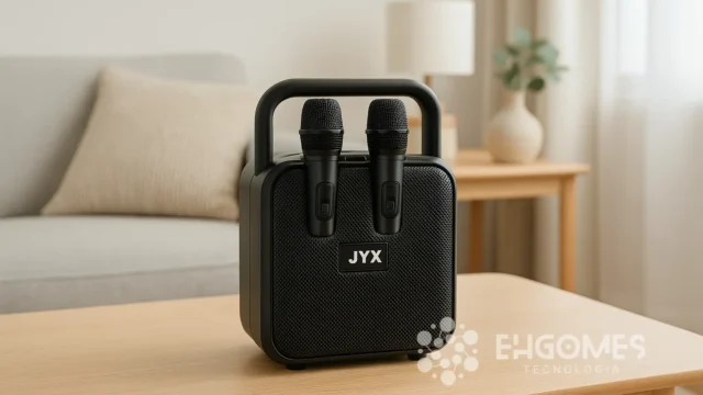 Caixa de som JYX com karaokê e 2 microfones na Amazon