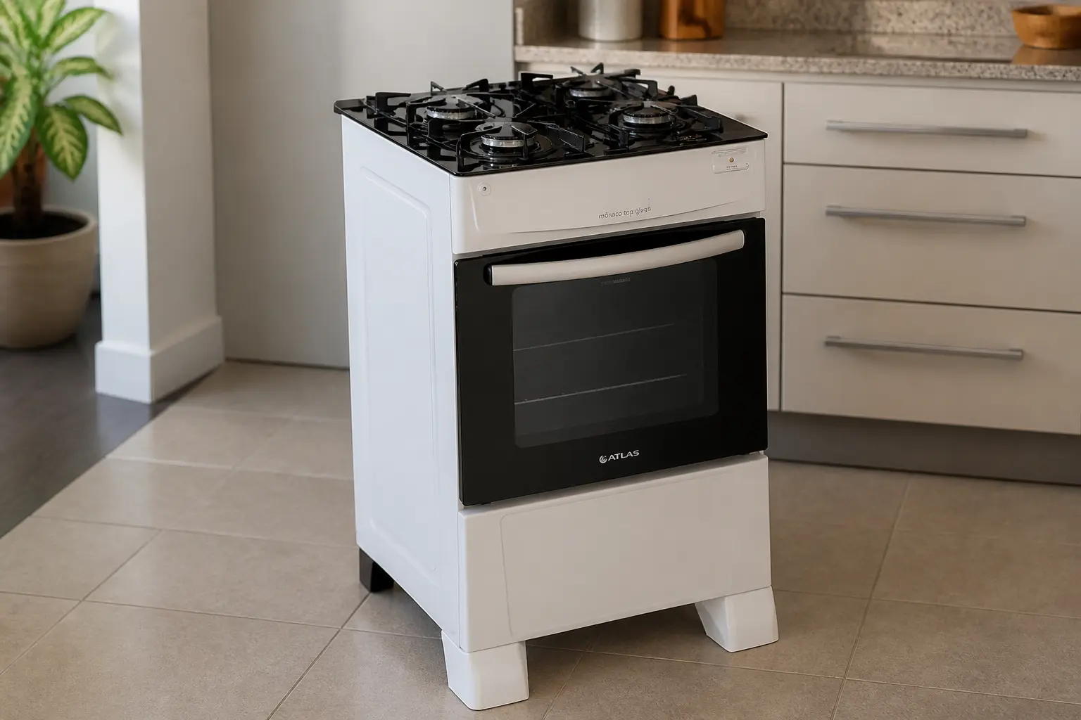 Fogão Atlas 4 Bocas Branco Mônaco Top Glass: Acendimento automático e forno de 50L para sua cozinha compacta