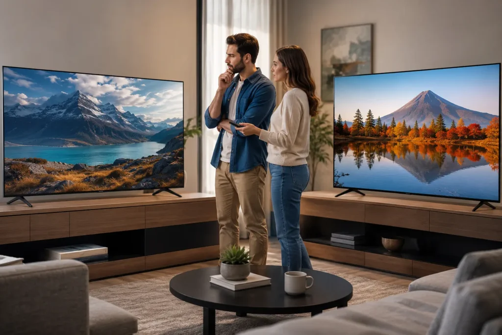 Casal analisa duas Smart TVs QLED de 50 polegadas em sala moderna antes de decidir a compra