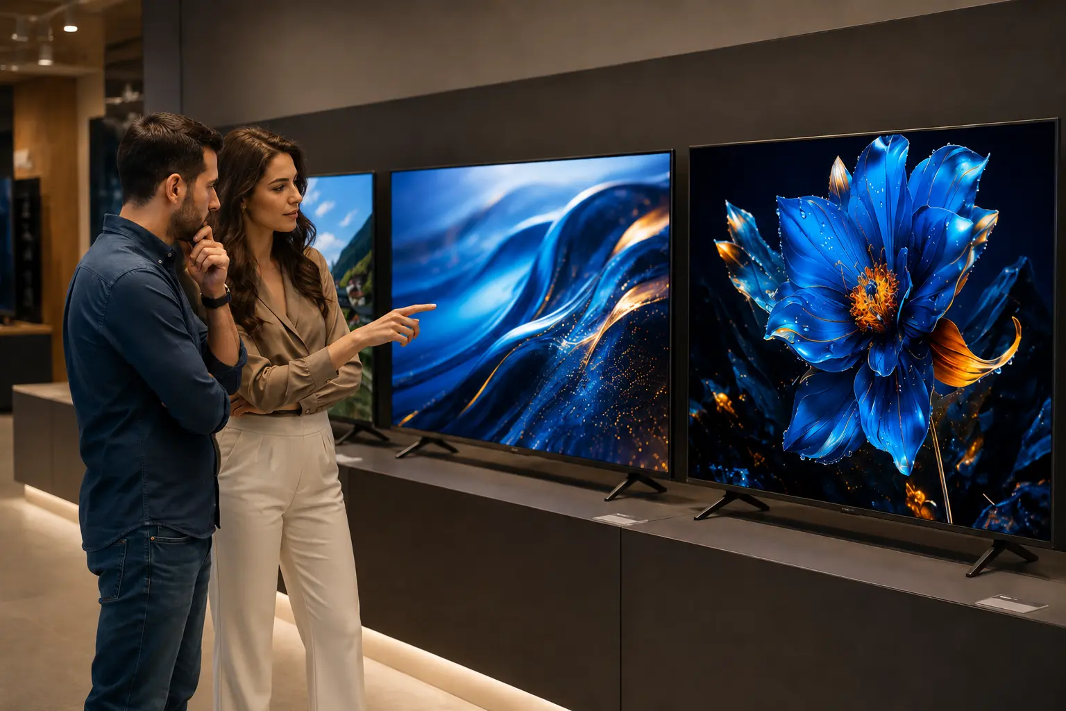 Casal comparando duas TVs QLED de 50 polegadas em sala moderna antes da compra