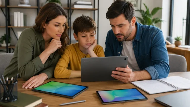 Família compara tablet Samsung em casa antes de escolher entre Galaxy Tab S10 Lite e S10 FE
