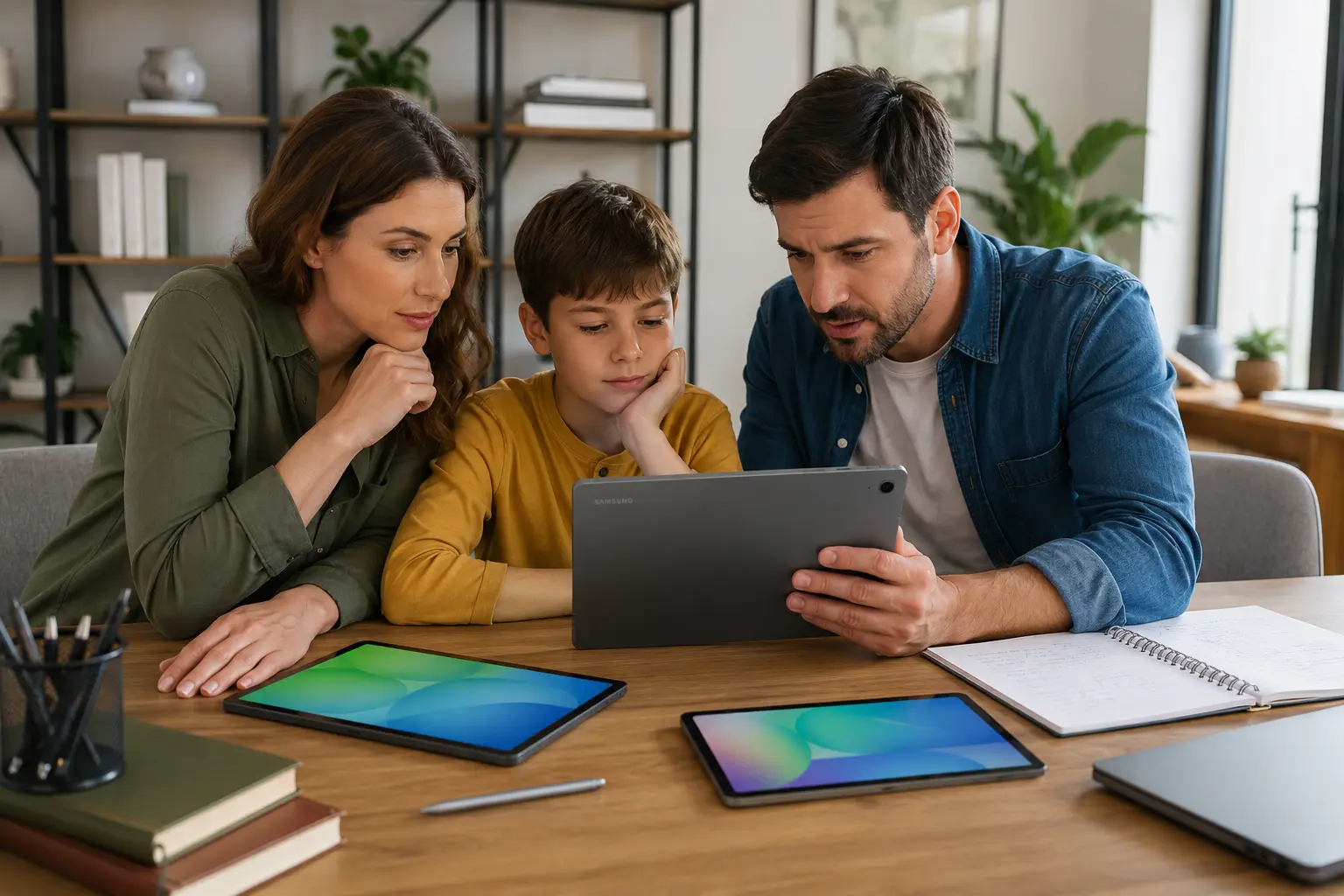 Família compara tablet Samsung em casa antes de escolher entre Galaxy Tab S10 Lite e S10 FE