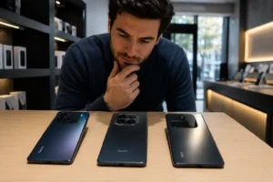 Homem compara três celulares Xiaomi em loja antes de escolher entre Redmi Note 14 e Note 15