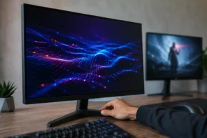 Mão ajusta monitor gamer de 24 polegadas em setup para comparar 100Hz e 180Hz