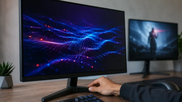 Mão ajusta monitor gamer de 24 polegadas em setup para comparar 100Hz e 180Hz