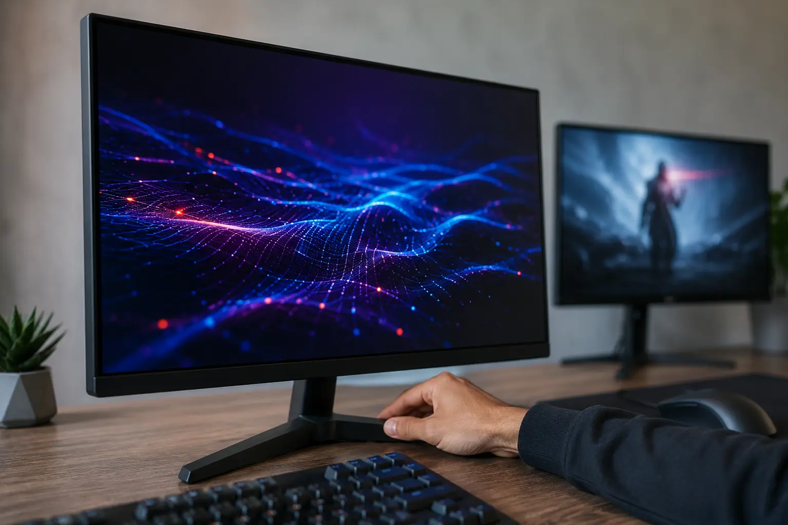 Mão ajusta monitor gamer de 24 polegadas em setup para comparar 100Hz e 180Hz