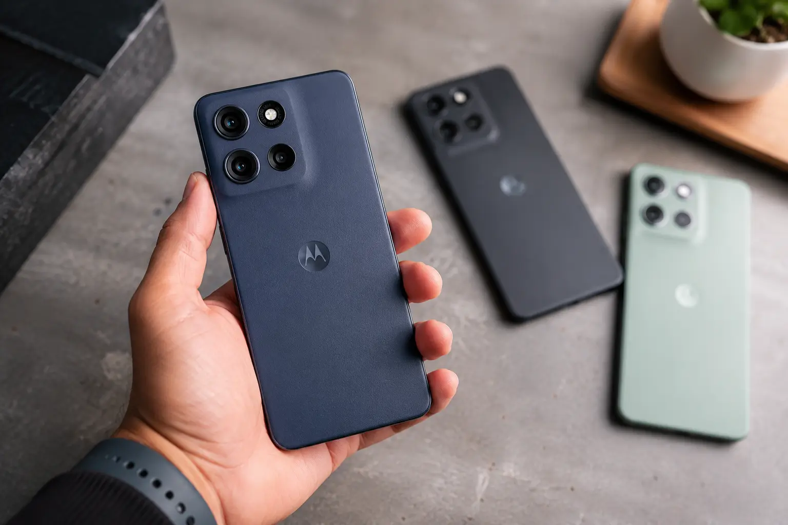Mão segura celular Motorola 256GB em primeiro plano com outros modelos ao fundo