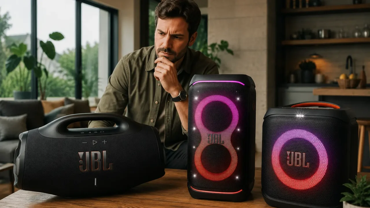 Pessoa comparando caixas de som JBL potentes sobre uma mesa antes de decidir qual modelo comprar.