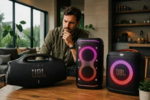 Pessoa comparando caixas de som JBL potentes sobre uma mesa antes de decidir qual modelo comprar.