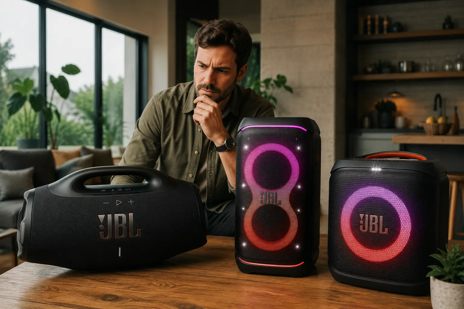 Pessoa comparando caixas de som JBL potentes sobre uma mesa antes de decidir qual modelo comprar.