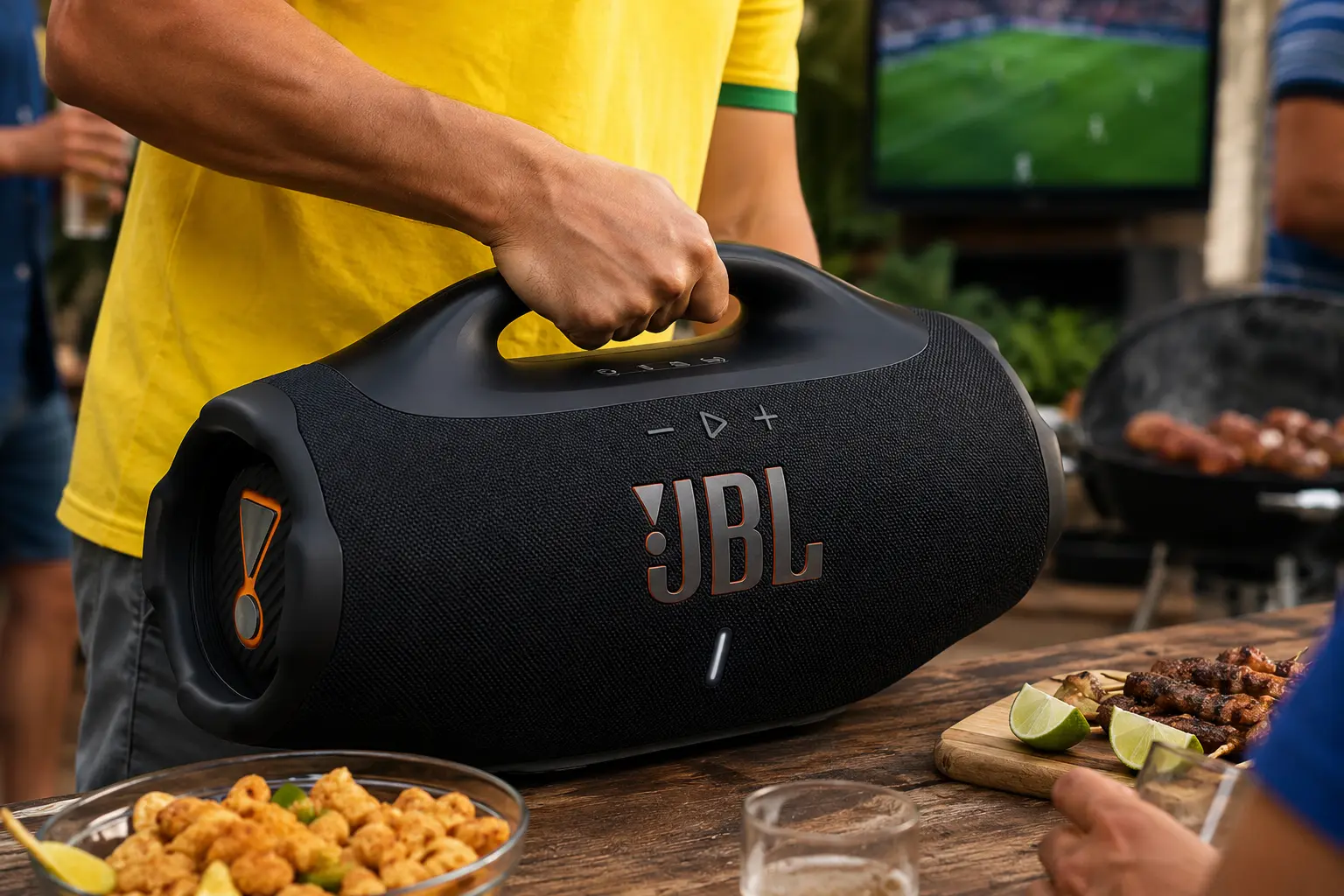 Pessoa segura JBL Boombox 4 do peito para baixo em ambiente de churrasco durante jogo da Copa