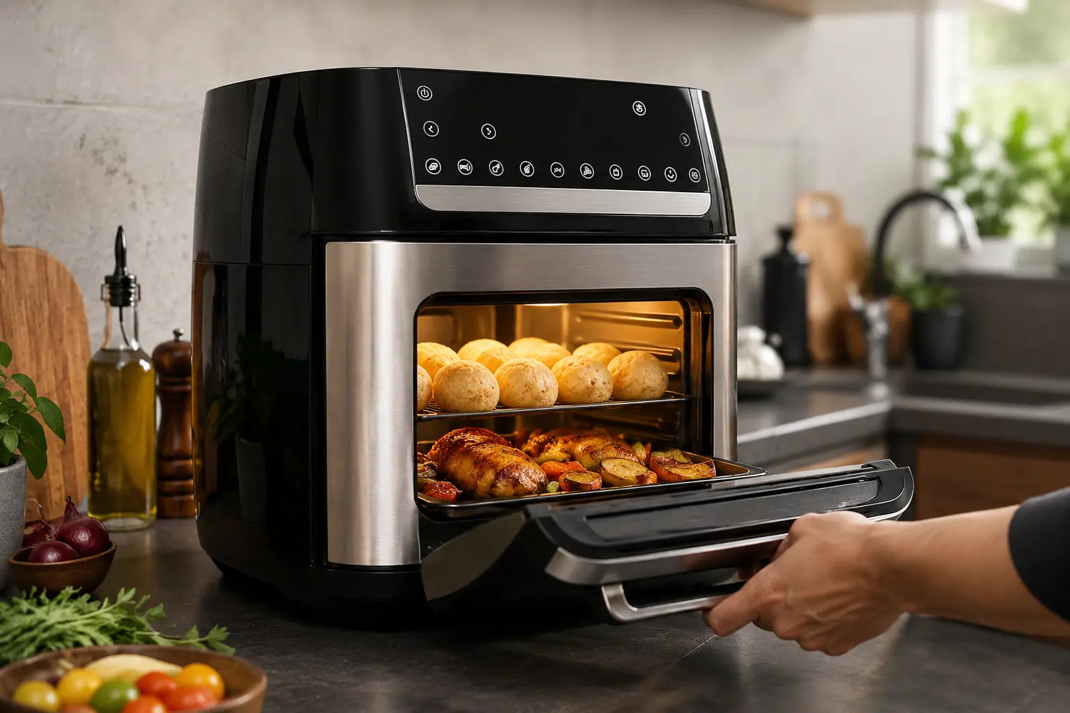 Air fryer oven de 12L aberta sobre bancada de cozinha com alimento pronto ao lado