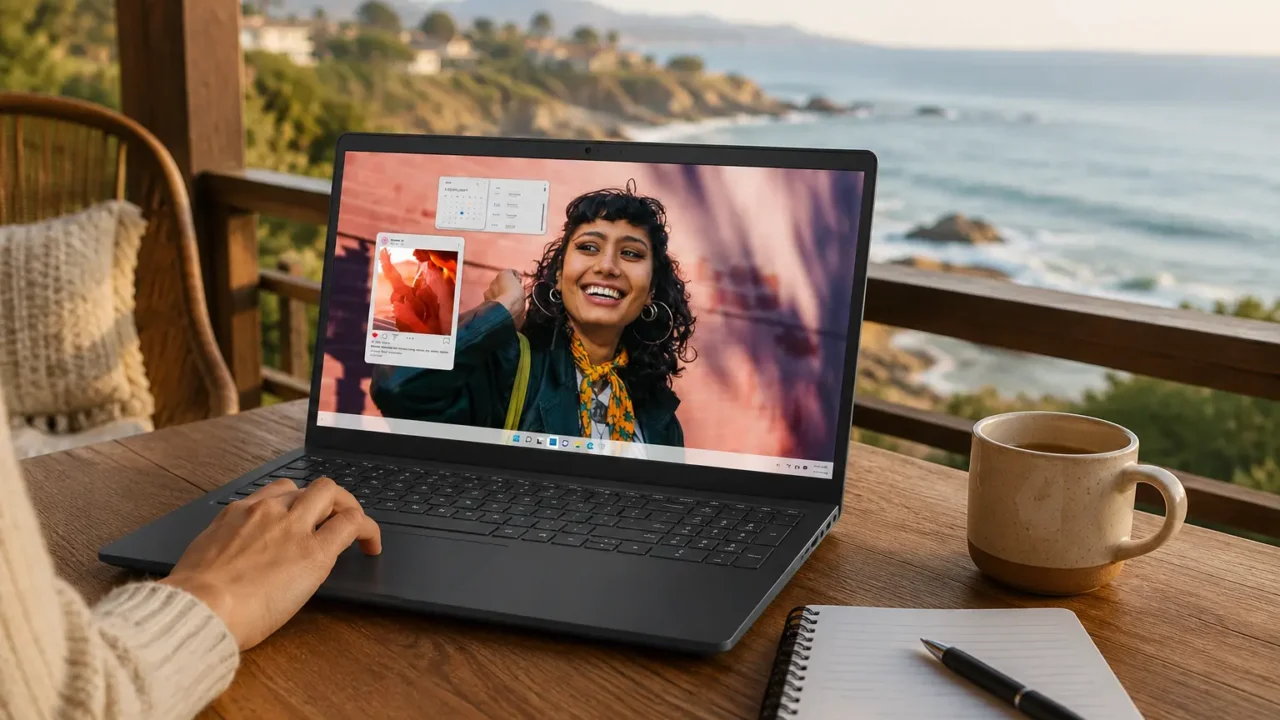 Dell Inspiron 15 em ambiente de estudo e trabalho com tela aberta e acessórios de produtividade