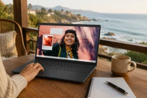 Dell Inspiron 15 em ambiente de estudo e trabalho com tela aberta e acessórios de produtividade