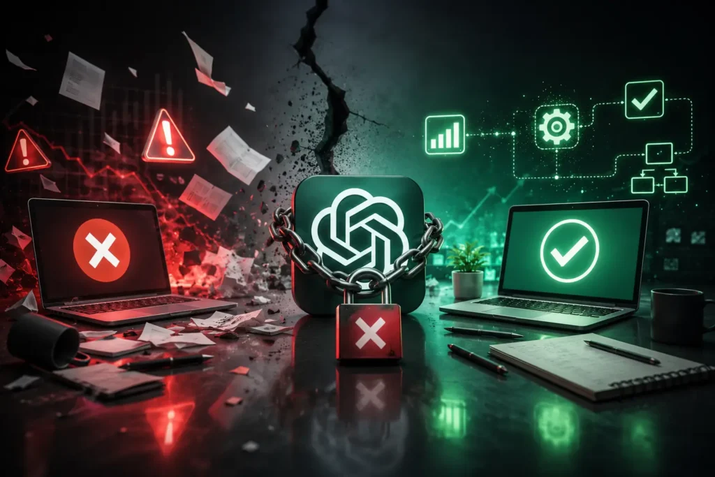 Imagem conceitual representa falha em sistema de IA, com usuário afetado por bloqueio indevido de conta e interrupção de processos digitais