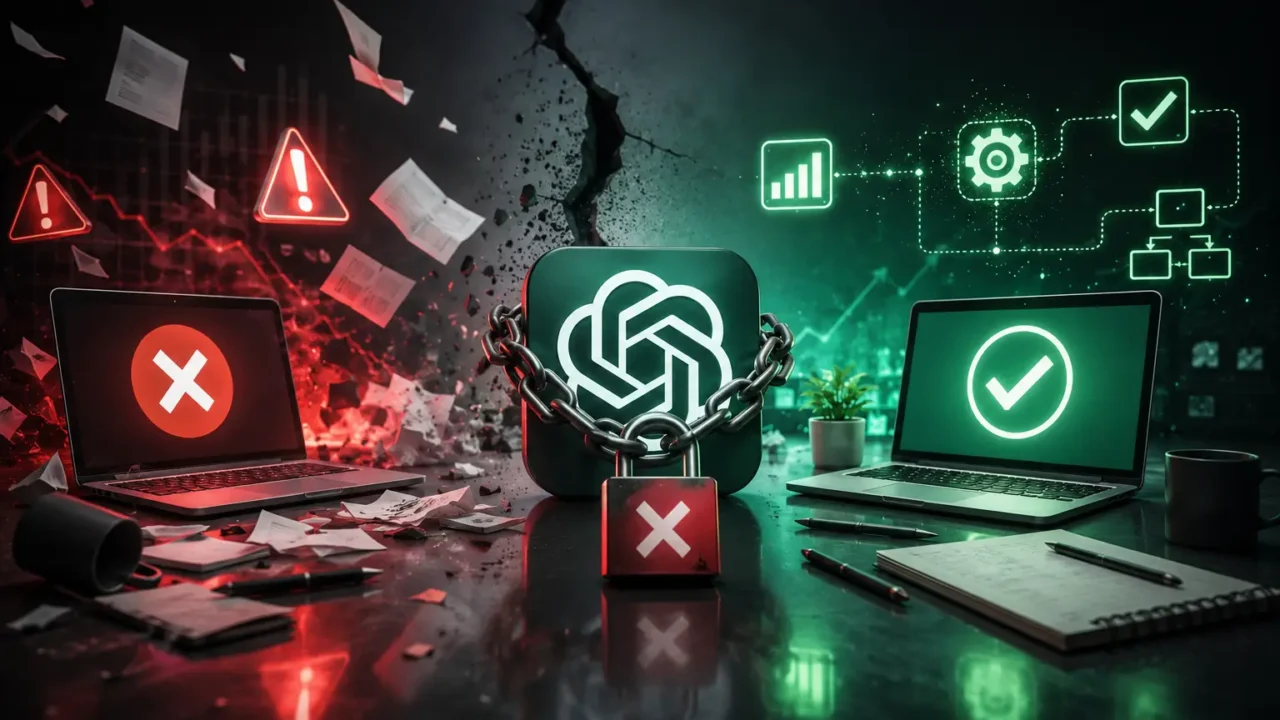 Imagem conceitual representa falha em sistema de IA, com usuário afetado por bloqueio indevido de conta e interrupção de processos digitais
