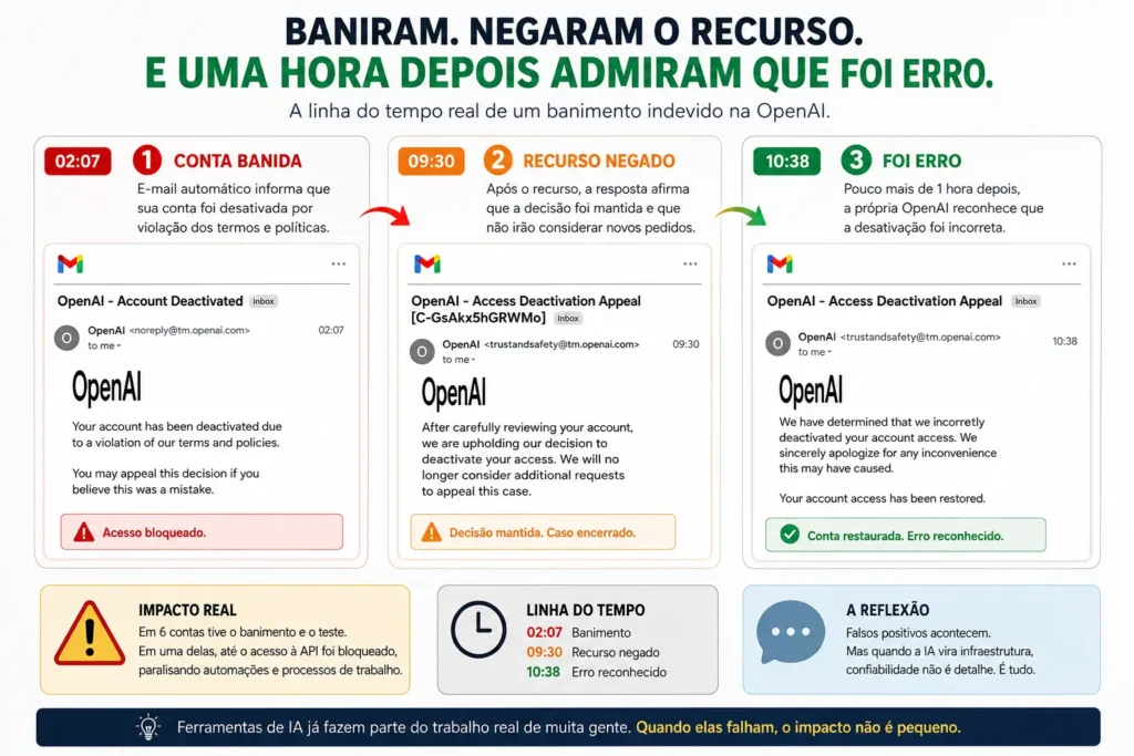 Infográfico mostra linha do tempo de banimento indevido na OpenAI, com conta bloqueada, recurso negado e restauração após reconhecimento do erro