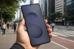 Mão segurando celular Samsung Galaxy em mesa de uso cotidiano para comparar modelos 128GB antes da compra