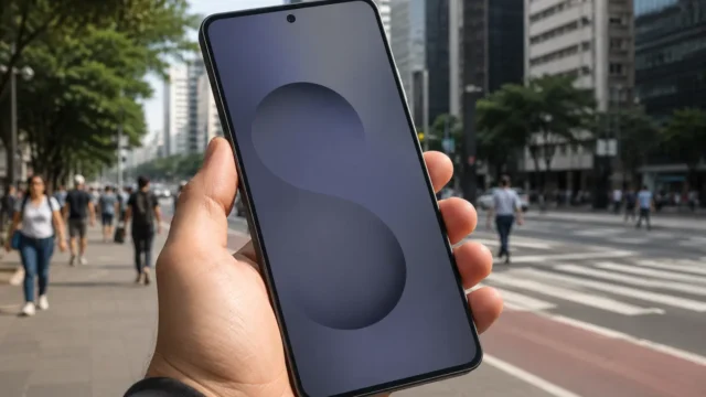 Mão segurando celular Samsung Galaxy em mesa de uso cotidiano para comparar modelos 128GB antes da compra