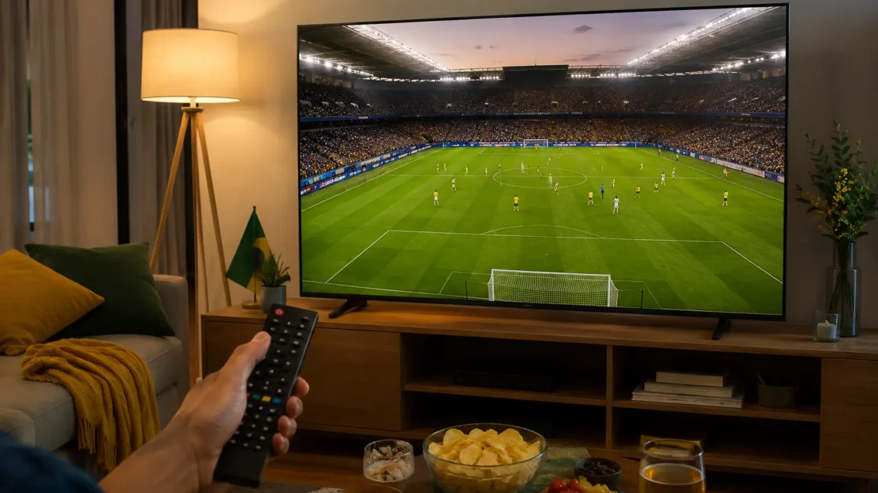 Smart TV Samsung em sala aconchegante exibindo jogo de futebol, com controle remoto, sofá e petiscos em clima de Copa.