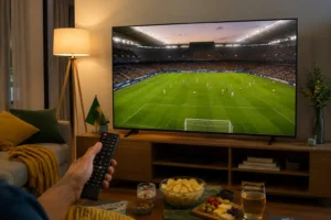 Smart TV Samsung em sala aconchegante exibindo jogo de futebol, com controle remoto, sofá e petiscos em clima de Copa.