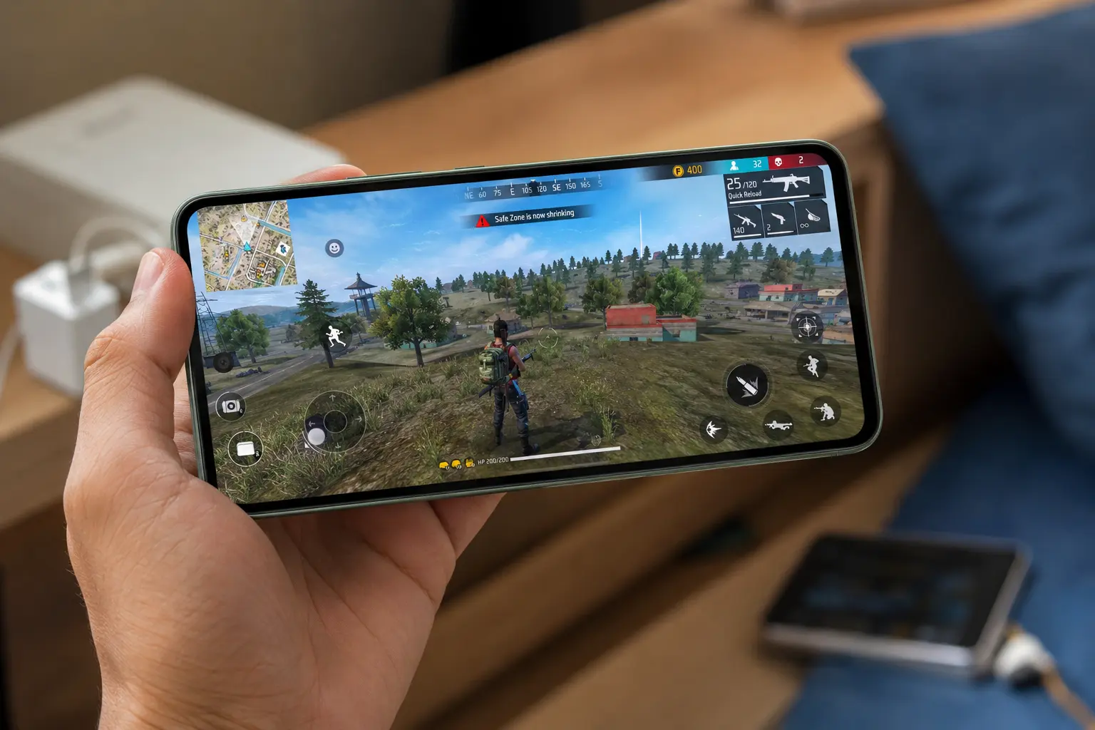 Smartphone Poco em modo horizontal rodando jogo, segurado por uma mão em ambiente doméstico