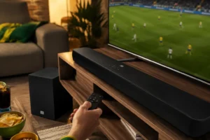 Soundbar preta com subwoofer em sala de TV durante jogo de futebol, com controle remoto na mão e clima de Copa em casa.