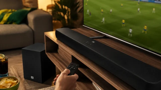 Soundbar preta com subwoofer em sala de TV durante jogo de futebol, com controle remoto na mão e clima de Copa em casa.