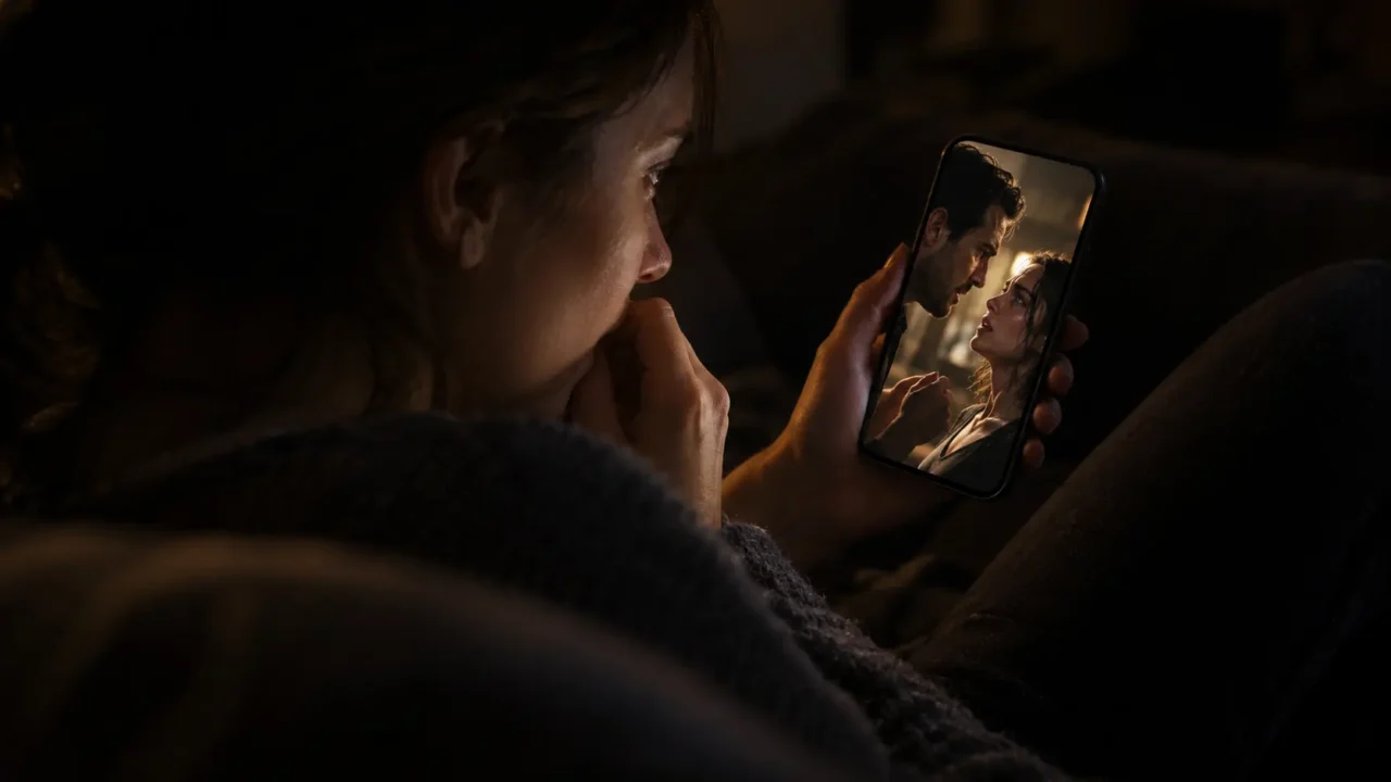 Mulher assistindo a um app de drama curto no celular à noite, com a tela iluminando o rosto no escuro
