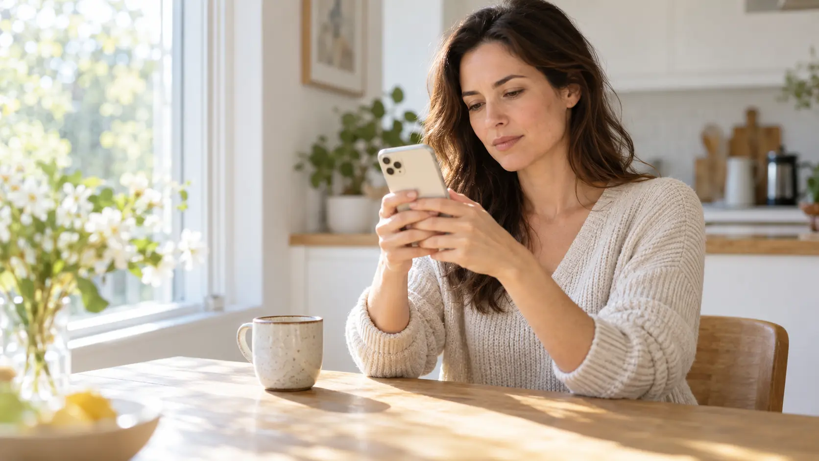 Mulher verificando no celular se o aplicativo é seguro, sentada à mesa com luz natural da manhã