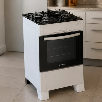 Fogão Atlas 4 Bocas Branco Mônaco Top Glass: Acendimento automático e forno de 50L para sua cozinha compacta